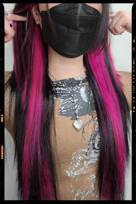 Hot Pink Peekaboo Pink Undercolor Hair, Hot Pink Underneath Hair Brown, Under Pink Hair Dye, Hot Pink Streaks In Black Hair, Pink Pikaboo Highlights, Black With Hot Pink Highlights, Skunk Dyed Hair Pink, Hot Pink Hair Extensions, Hot Pink Hair Dye Ideas