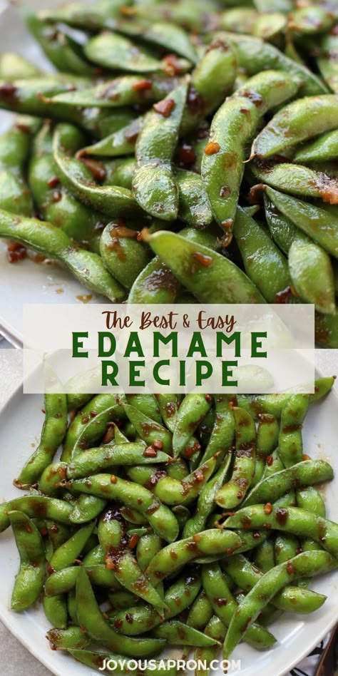 10 minutes · Vegan Gluten free · Serves 3 · The BEST and easy Edamame Recipe! Healthy and yummy Asian vegetable side dish. Edamame is coated in soy sauce and garlic then saute / stir fry to perfection. Quick and easy! Ready in 10 minutes! Edamame Recipes Spicy, Edamame Snack, Spicy Edamame, Edamame Recipe, Edamame Recipes, Asian Vegetables, Healthy Snacks Easy, Edamame, Vegetable Side Dishes