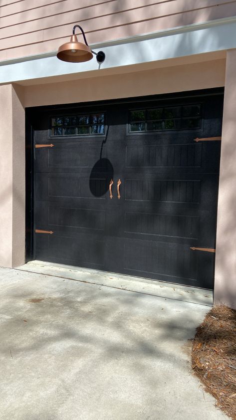 Metal Garage Door Makeover, Painted Metal Garage Door, Metal Door To Garage Update, Black Garage Door With Gold Hardware, How To Paint A Garage Door Black, Update Garage Door Diy, Update Garage Door, Charcoal Garage Door, Painted Garage Doors