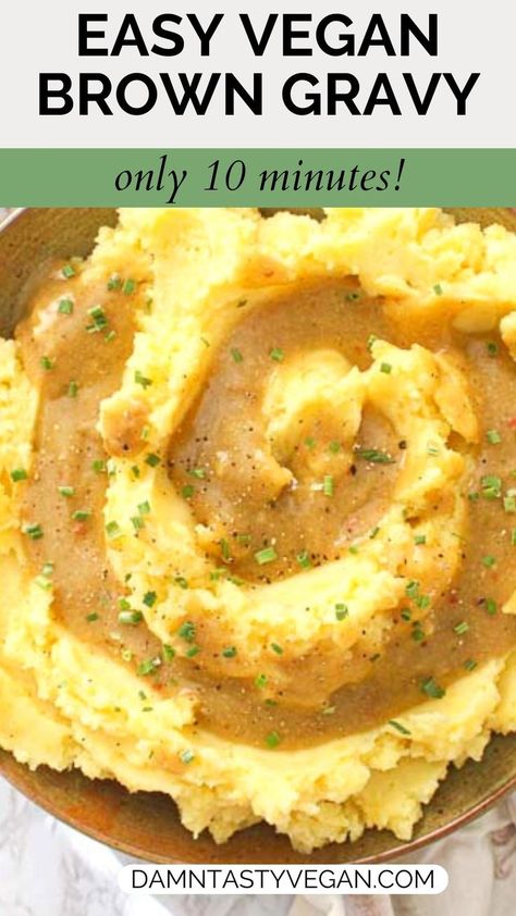 Vegan brown gravy over a bowl of mashed potatoes. Vegan Gravy For Mashed Potatoes, Vegan Brown Gravy, Vegan Poutine, Vegetarian Gravy Recipe, Brown Gravy Recipe Easy, Pantry Mixes, Lacto Vegetarian, Brown Gravy Recipe, Easy Gravy Recipe