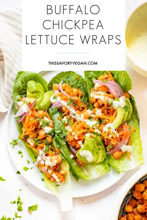 Chickpea Lettuce Wraps, Vegan Lettuce Wraps, Vegetarian Lettuce Wraps, Buffalo Chickpea, Easy Vegan Lunch, Vegan Wraps, Vegan Ranch, Lettuce Wrap Recipes, Veggie Wraps