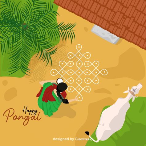 pongal-wishes-with-village-house-vector-illustration-artwork Pongal Illustration Art, Pongal Drawing For Competition, Pongal Creatives, Indian Village Illustration, Pongal Celebration Drawing, Pongal Illustration, Pongal Photos, Creativity Video, Happy Pongal Wishes