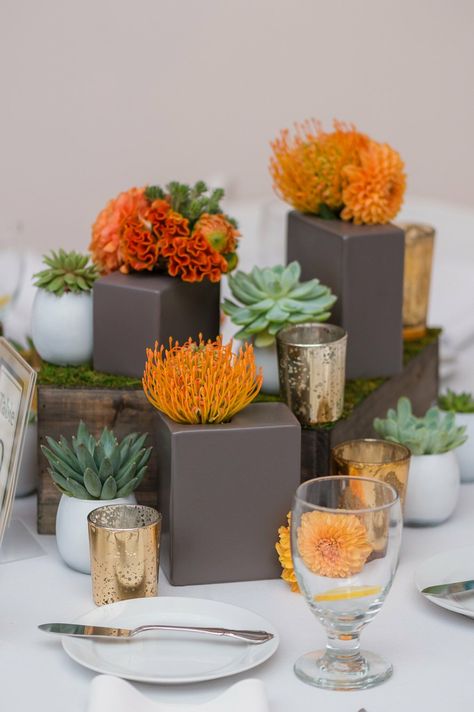 Orange Succulents, Orange Pallet, Modern Floral Centerpieces, Corporate Event Centerpieces, Orange Centerpieces, Modern Wedding Centerpieces, Corporate Events Decoration, Modern Centerpieces, Bottle Centerpieces