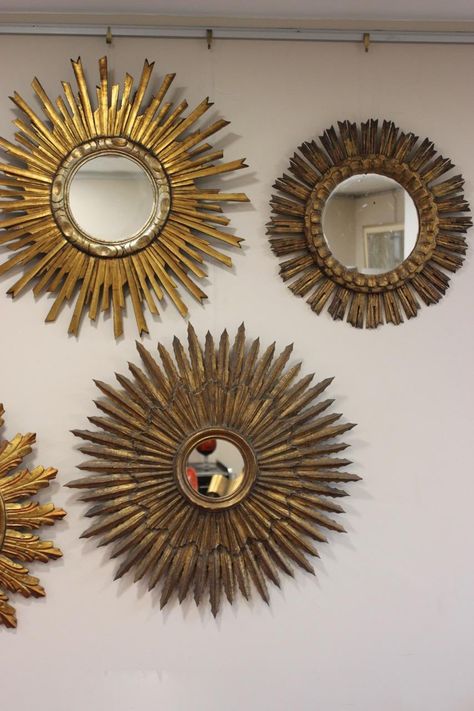 Gallery Wall With Sunburst Mirror, 20 Inch Starburst Mirror, Sunburst Mirror Wall, Sunburst Mirror Set Of 3, Stairwell Ideas, Sunburst Mirrors, Gold Sunburst Mirror, Sunburst Clock, Group Of 8