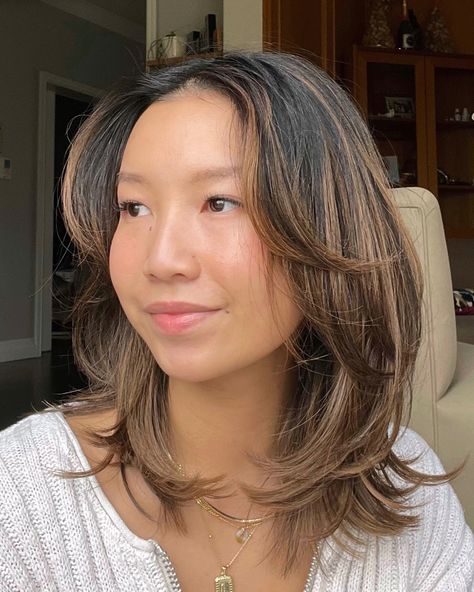 Medium Length Asian Hair, Butterfly Haircut Medium Length, Caramel Brunette Balayage, Butterfly Haircut Medium, Curtain Bangs Layers, Caramel Brunette, Haircut Medium Length, Bangs Layers, Shortish Hair