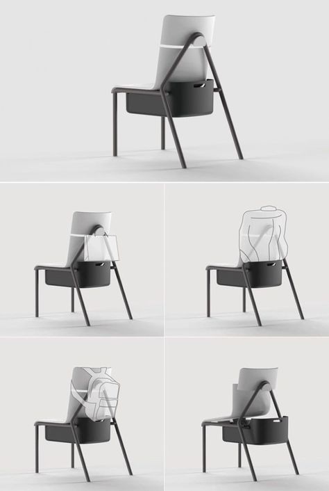 South Korean designer June Woo Lee has designed the Afford Chair for public places where the customer needs a safe place to keep his/her belongings. This innovative chair design creatively includes a dedicated storage compartment underneath the seat. Student Chair Design, Innovative Furniture Design, Chairs With Storage, School Furniture Design, Sitting Design, Chair With Storage, Student Chair, Furniture Details Design, Innovative Furniture