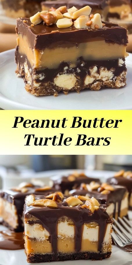 Turtle Dream Bars with Peanut Butter Twist are a delicious no-bake dessert with layers of chocolate, caramel, and creamy peanut butter, topped with pecans and mini chocolate chips. Perfect for any occasion! Turtle Bars Recipe, Bars With Peanut Butter, Turtle Dessert, Caramel Pecans, Magic Cookie Bar Recipe, Turtle Bars, Praline Recipe, Chocolate Peanut Butter Brownies, Homemade Fudge Recipes