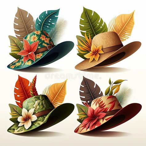 Set of Hawaii hats in colorful design. Generative AI royalty free stock photo Hawaiian Hats, Vacation Hat, Tropical Resort, Vacation Resorts, Colorful Design, Hat Designs, Stock Illustration, Color Design, Hawaii