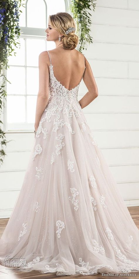 essense australia fall 2017 bridal spaghetti strap sweetheart neckline heavily embellished bodice romantic blush color a  line wedding dress open scoop back sweep train (63) bv -- Essense of Australia Fall 2017 Wedding Dresses Blush Color Wedding Dress, Christmas Bride, Colored Wedding Dress, Best Gowns, Essense Of Australia, Sophisticated Bride, Blush Bride, Romantic Bride, A Line Wedding Dress