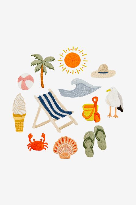 Beachy Embroidery Patterns, Summer Embroidery Patterns, Beach Pattern Illustration, Beach Embroidery Patterns, Boxer Embroidery, Beach Embroidery Designs, Summer Doodles, Beach Graphics, Beach Embroidery