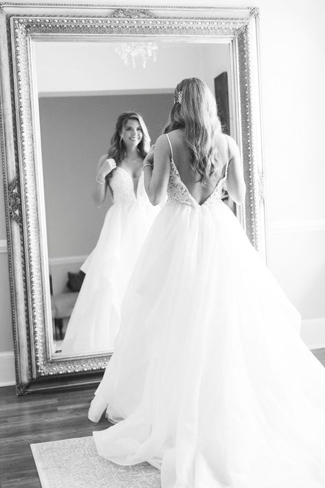 bride looks in mirror with wedding gown | Separk Mansion Wedding Day in the springtime with dramatic wedding gown and outdoor ceremony photographed by Kevyn Dixon Photography. Bride Looking In Mirror, Wedding Mirror Photo, Beaded Wedding Dress A Line, Wedding Dress Fit And Flare, Asheville Nc Wedding, Wedding Dress Sleeveless, Wedding Dress Princess, Mississippi Wedding, Dramatic Wedding