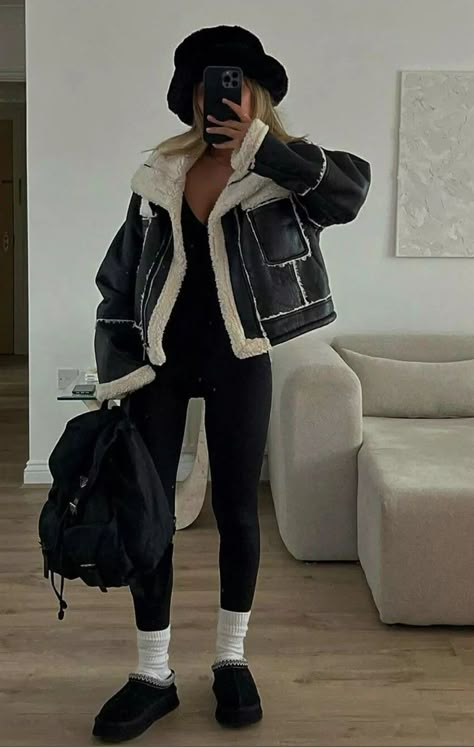 Black Fur Coat Outfit, Faux Leather Jacket Outfit, Sherpa Jacket Outfit, Fur Jacket Outfit, White Fur Jacket, Fur Outfit, Strappy Jumpsuit, Dark Cool, Pencil Skirt Outfits