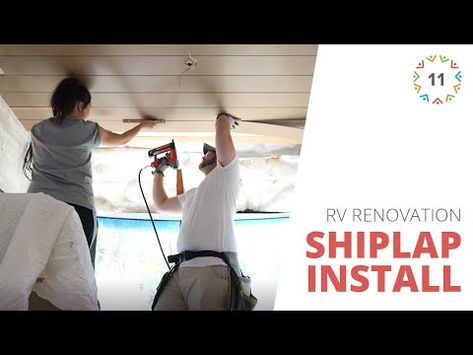 Shiplap Rv Ceiling, Rv Ceiling Ideas, Houseboat Ideas, Rv Upgrades, Ceiling Covering, Installing Shiplap, Shiplap Ceiling, Panel Ideas, Fabric Ceiling