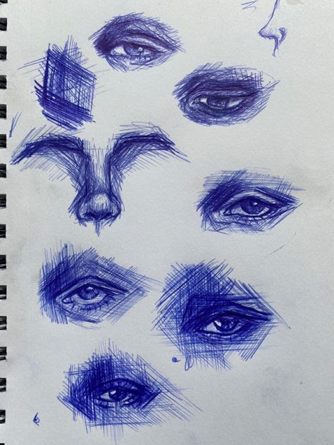 Eye drawings, eye Sketches, Sketch ches, notebook, sketches, blue, pen sketch, eye notebook, eye base, eye reference, drawing eyes, drawn eyes, handdrawn eyes, artistic eyes, eye drawing styles, sketch style Basic Eyes Drawing, Reference Drawing Eyes, Blue Pen Sketches, Scetches Notebook Easy, Eye Drawing Styles, Pen Sketches Aesthetic, Blue Pen Drawing, Eye Reference Drawing, Closed Eye Drawing