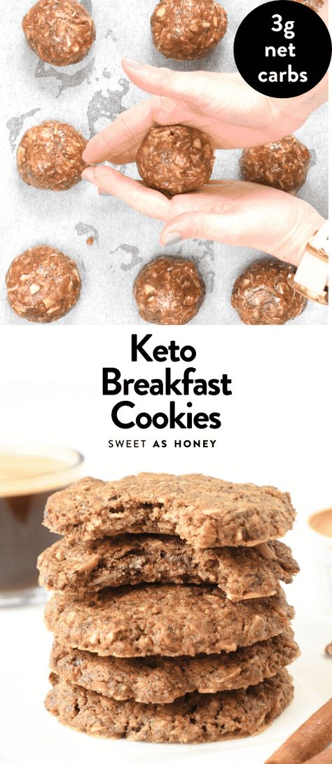 Keto Breakfast Cookies taste like oatmeal cookies without the oats ! only 4 g net carbs, full of almonds, pecan, coconut, flaxseed for an egg-free breakfast gluten free paleo Keto Breakfast Cookies, Breakfast Gluten Free, Keto Oatmeal, Egg Free Breakfast, Keto Breakfasts, Healthier Desserts, Keto Cookies, Breakfast Cookies, Low Carb Breakfast