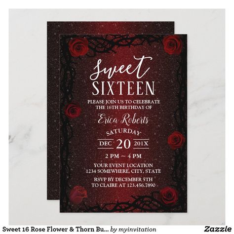 Sweet 16 Rose Flower & Thorn Burgundy Red Glitter Invitation Red Carpet Sweet 16, Sweet 16 Party Themes, Sweet Sixteen Birthday Party Ideas, Black And Red Roses, Sweet 16 Themes, 16th Birthday Decorations, Poker Party, 16th Birthday Invitations, Sweet Sixteen Invitations