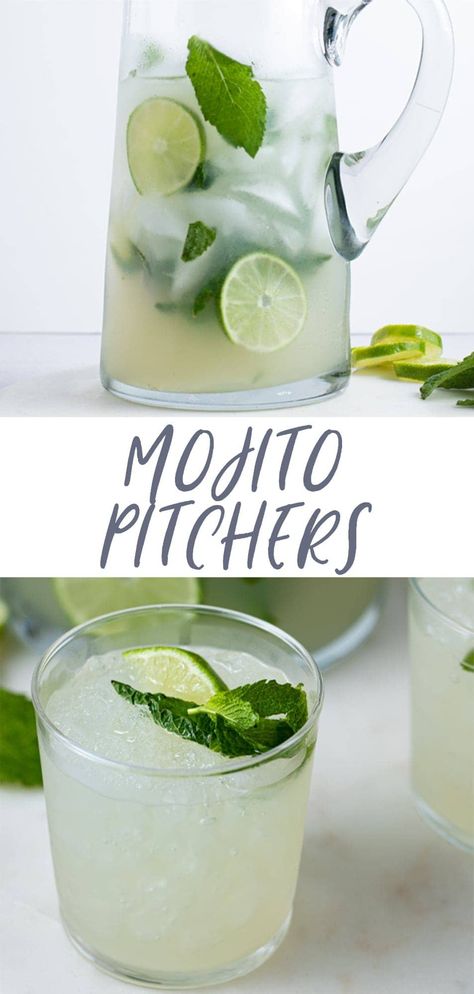 This easy Mojito pitcher recipe makes a great batch cocktail for your summer get-togethers! Lime juice, mint, club soda, and rum create a deliciously light & crisp refresher that's perfect for sunny days. Easy to make non-alcoholic for any mocktail drinkers in your group! Cucumber Mojito Recipe, Easy Mojito, Mojito Recipe Pitcher, Mojito Pitcher, Best Mojito Recipe, Easy Mojito Recipe, Mojito Mix, Mojito Recipe Classic, Pitcher Cocktails