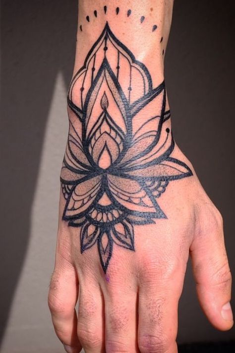 Geometric Hand Tattoo Men, Mandala Hand Tattoo Men, Geometric Hand Tattoo, Hand Tattoo Men, Mandala Hand Tattoo, Simple Hand Tattoos, Ornamental Mandala, Mandala Hand Tattoos, Catrina Tattoo