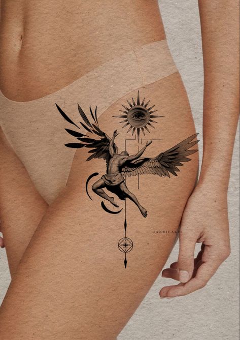 Icarus Icarus Tattoo Design, Icarus Tattoo, Tattoo Work, Dreamcatcher Tattoo, Leaf Tattoos, Maple Leaf Tattoo, Tattoo Design, Geometric Tattoo, Tatting