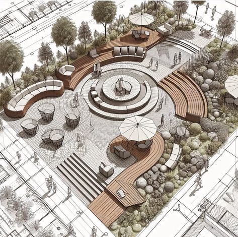 Multilevel Parking Design, Restaurant Landscape Design Plan, Landscape Architecture Plan Rendering, Urban Park Landscape Design Plan, Garden Rooftop Design, Public Space Design Plan, Picnic Area Landscape Architecture, Outdoor Public Space Design, Amphitheatre Design Public Spaces