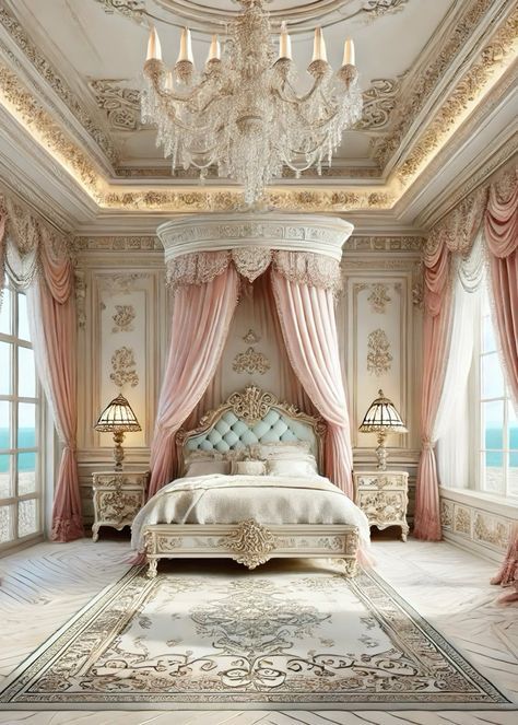 Royalty Bedroom, French Chateau Bedroom, Versailles Bedroom, Royal Luxury Bedroom Design, Royal Bedrooms, Anime Rooms, Canopy Bed Drapes, Royal Bedroom Design, Princess Vibe