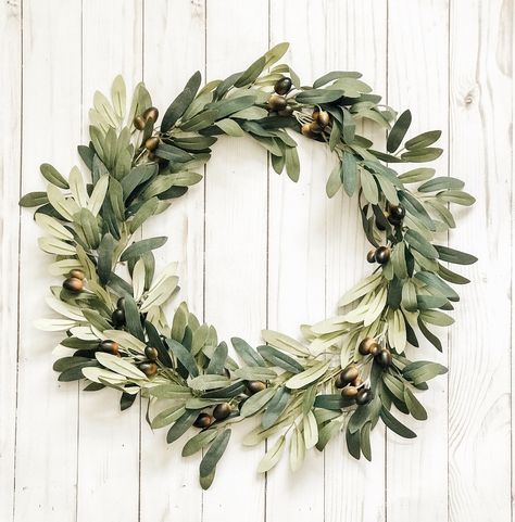 This beautiful Olive Leaf Wreath is just what any Farmhouse Decor  lover needs in their life! Such a stunning way to add texture and greenery to your home decor. #homedecor #farmhousewreath #wreaths #farmhousedecor Wreath Nursery, Olive Branch Wreath, Branch Wreath, Olive Wreath, Cottage Wreath, Olive Leaves, Wedding Wreath, Spring Door Wreaths, Paper Wreath