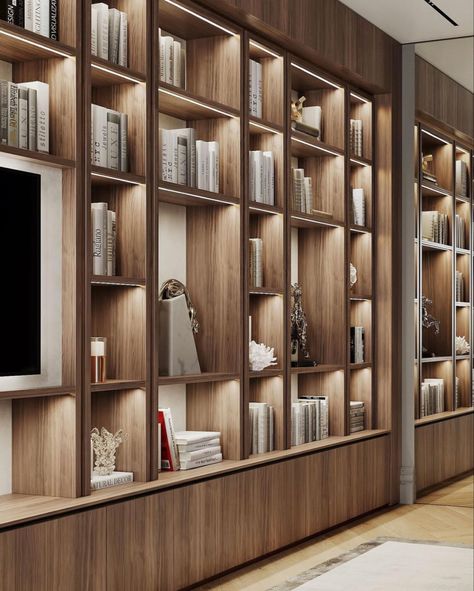 Bookshelves Living Room, Luxury Bookcase, Penthouse Ideas, Wine Room Design, Interior Design Dining, Bibliotheque Design, Architectural Lighting Design, Office Interior Design Modern, Bedroom Interior Design Luxury