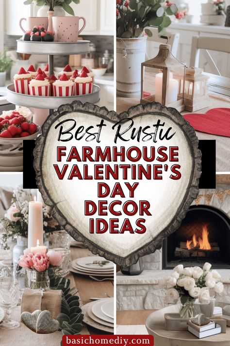 Easy Rustic Farmhouse Valentine's Day Decor Ideas - Basic Home DIY Valentines Decor Farmhouse, Mantle Valentine Decorating Ideas, Aesthetic Valentines Day Decor, Country Valentine Decor, Valentine Mantle Decorating Ideas, Valentine Trays Ideas, Dollar Tree Crafts Valentines Home Decor, Valentines Mantle Decor Farmhouse, Kitchen Valentines Day Decor