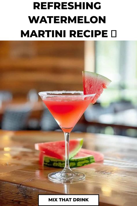 Refreshing watermelon martini with salt rim and watermelon slice garnish on a wooden bar top. Watermelon Martini Recipe, Watermelon Martini, Summer Drink Recipe, Summertime Cocktail, Watermelon Flavor, Party Food Bar, Gin Recipes, Juicy Watermelon, Vodka Recipes