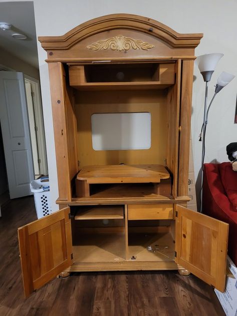 Repurposed Furniture: This Entertainment Unit Upcycle Is Fab | 21Oak Corner Entertainment Center Repurpose, Upcycled Wall Unit, Upcycle Entertainment Center, Repurposing Entertainment Center Ideas, Repurpose Armoire Ideas, Entertainment Center Makeover Ideas, Repurposed Entertainment Center Ideas, Old Entertainment Center Repurpose, Tv Armoire Repurposed