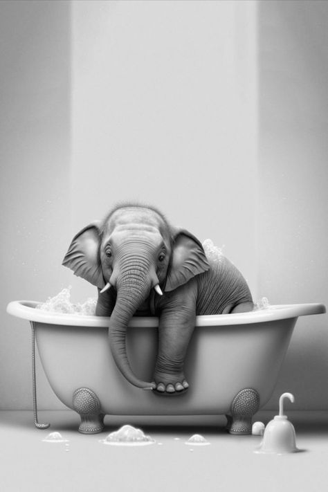 Elephant in Bath Tub Print, Bathroom Wall Art, Kids Bathroom Decor, Elephant Art, Bathroom Poster, Baby Elephant Wall Art, Digital Download Kids Bathroom Decor, Poster Baby, Bathroom Posters, Print Bathroom, Elephant Wall Art, Animal Print Wallpaper, Portraiture Drawing, Wall Art Kids, Art Bathroom