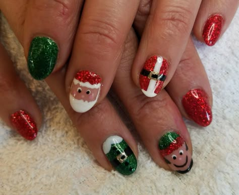 Santa elf Christmas gel polish nails glitter Christmas Elf Nail Art, Elf Christmas Nails, Elf Nails Designs, Elf Nail Art, Elf Nails, Chrismas Nail Art, Santa Nail Art, Christmas Nail Designs Easy, Santa Nails