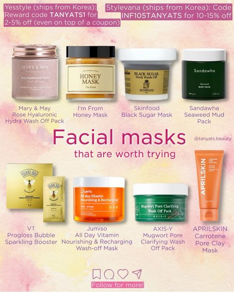 Facial masks that are worth trying: wash-off Korean masks for each skin type and concern ⬇️ ▫️ Mary & May Rose Hyaluronic Hydra Wash Off Pack — deeply cleanses while keeping the skin hydrated; it has real rose petals, and smells like rose. Best for normal to dry, aging skin. ▫️ I’m From Honey Mask — deeply nourishing revitalising mask for dry and very dry, tired skin. If you have sensitive skin, try their Mugwort mask! ▫️ Skinfood Black Sugar Mask — a legendary mask that has been on the... Types Of Masks Skin Care, Jumiso All Day Vitamin, Strawberry Mask, Best Clay Mask, Mugwort Mask, Korean Mask, Mask For Oily Skin, Mask For Dry Skin, Bubble Mask