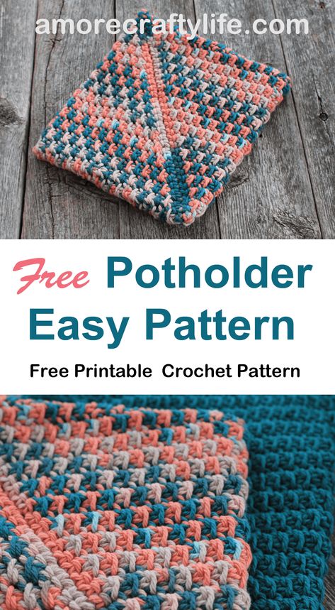 Free PDF Cotton Crochet Potholder Easy Pattern One Skein - A More Crafty Life Crochet A Rose, Potholder Patterns Free, Cotton Yarn Projects, Cotton Crochet Patterns, Crochet Washcloths, Crochet Pot Holders Free Pattern, Knitted Washcloth Patterns, Crochet Pot Holders, One Skein Crochet