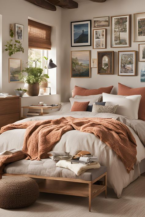 Grey And Terracotta Bedroom, Warm Bedroom Ideas, Terracotta Bedroom, Fall Bedroom Ideas, Earthy Bedroom, Warm Bedroom, Cozy Fall Bedroom, Fall Bedroom, Bedroom Retreat