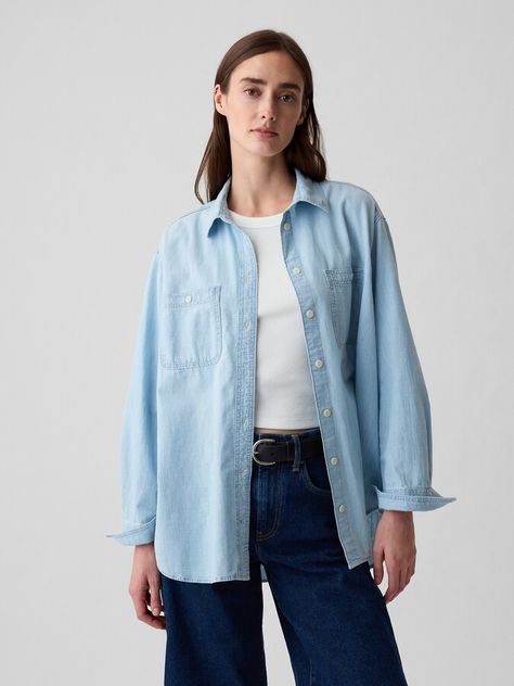 Chambray Denim Big Shirt Chambray Shirt Outfits, Denim Top Women, Fitted Denim Shirt, Chambray Denim Shirt, Women Shirt Top, Pleated Shirt, Big Shirt, Denim Button Down, Denim Cotton