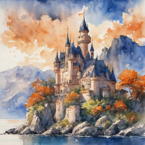 Cute vintage castle,orange color scheme, AI art, Watercolor painting, landscape art Animals Landscape, Castle Drawing, Castle Painting, Castle Aesthetic, Castle Art, Image Painting, Fairytale Castle, Fantasy Castle, Fantasy Places