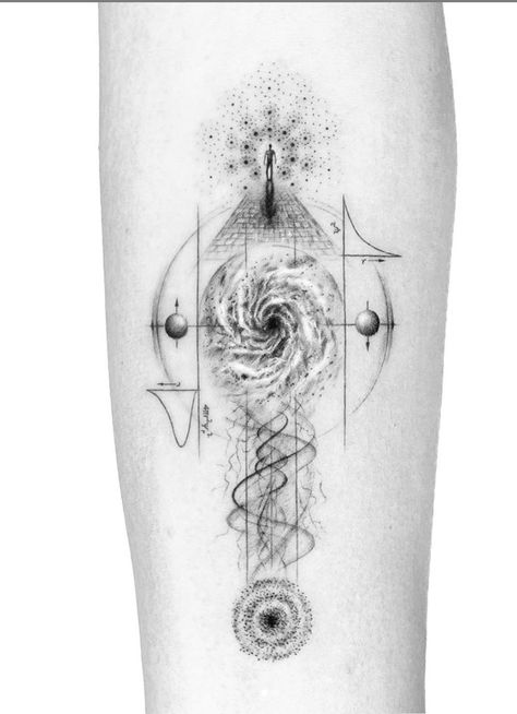 Geometric Universe Tattoo, Yang Tattoo, Universe Tattoo, Circle Tattoos, Planet Tattoos, Sacred Geometry Tattoo, Galaxy Tattoo, Geometry Tattoo, Geometric Tattoo Design