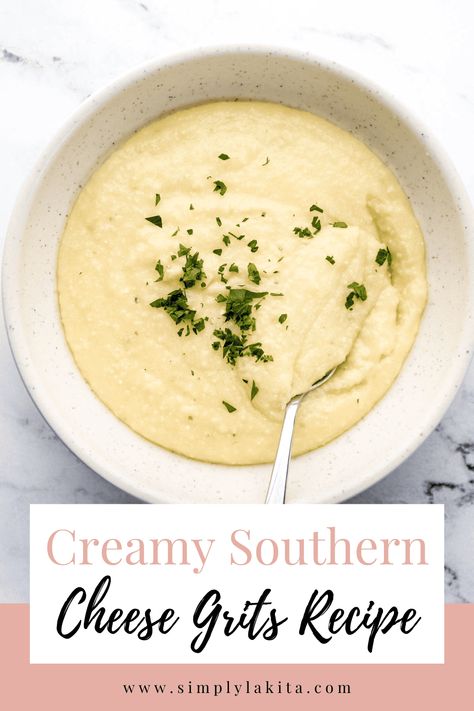 Make this simple Creamy Southern Cheese Grits Recipe with Heavy Cream! These grits are rich, cheesy, and incredibly delicious. Use chicken broth instead of water to add more flavor creating the ultimate main dish or side dish. simplylakita.com #cheesegrits