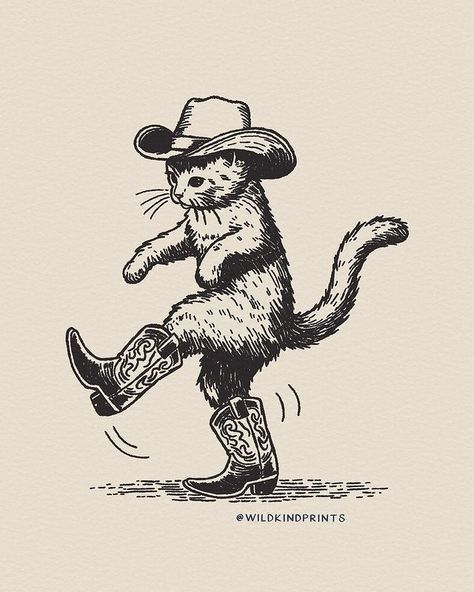 Animal In Cowboy Hat Tattoo, Cat And Man Drawing, Cowboy Aesthetic Drawing, Cowboy Diy Decor, Cowgirl Riding Horse Tattoo, Cowboy Cat Drawing, Cowboy Art Reference, Cow Illustration Design, Cowboy Cat Tattoo