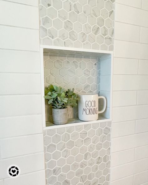 The mosaic carrera marble look porcelain tile accent strip Is my favorite feature in my shower. It is also on the shower floor. The larger format subway tile is in all the other walls. Follow my shop @live.love.shiplap on the @shop.LTK app to shop this post and get my exclusive app-only content! #liketkit #LTKFind #LTKstyletip #LTKhome @shop.ltk #showerdesign #homedesignideas #interiordesign #masterbathroomideas #bathroomideas Bathroom Tour, Master Bath Renovation, Small Bedroom Remodel, Bath Redo, Bath Renovation, Master Shower, Carrera Marble, Bedroom Remodel, Master Bath Remodel