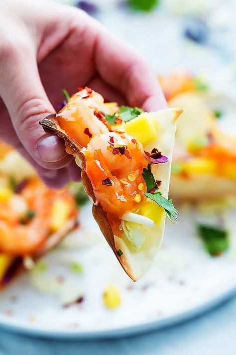 Firecracker Shrimp Wonton Tacos | Creme De La Crumb Firecracker Shrimp Tacos, Sweet And Spicy Shrimp, Firecracker Shrimp, Wonton Tacos, Shrimp Wonton, Crispy Tacos, Wonton Recipes, Popular Appetizers, Shrimp Appetizers