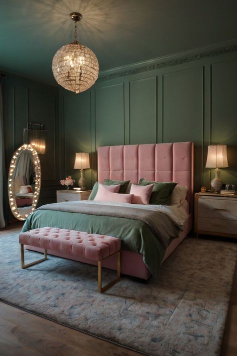 In this guide, we'll explore 30 chic sage green and pink bedroom ideas that will inspire you to refresh your space. Whether you're looking for bold contrasts Pink Green Gold Interior, Pink Art Deco Bedroom, Pink And Emerald Green Bedroom, Sage And Pink Bedroom, Green Pink Bedroom, Green And Pink Bedroom Ideas, Sage Green And Pink Bedroom, Pink Bedroom Inspirations, Green And Pink Bedroom