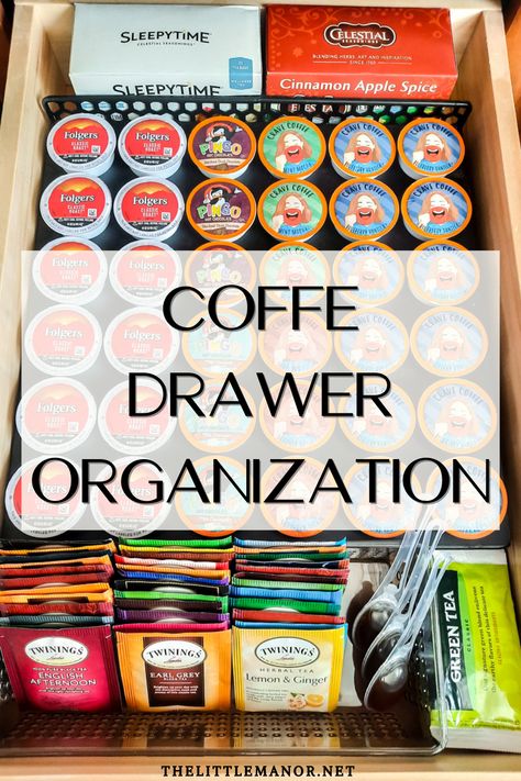 Need to streamline your mornings? I'm going to show you the organization tips you need to make your coffee and tea drawer both functional and pretty! Coffee Drawer Ideas, Diy Kcup Drawer Storage, Drawer Coffee Storage, Coffee Pod Drawer Organization, Coffee Bar Drawer Organization, Coffee Drawer Organization, Tea Drawer Organization, Tea Drawer, Coffee Drawer