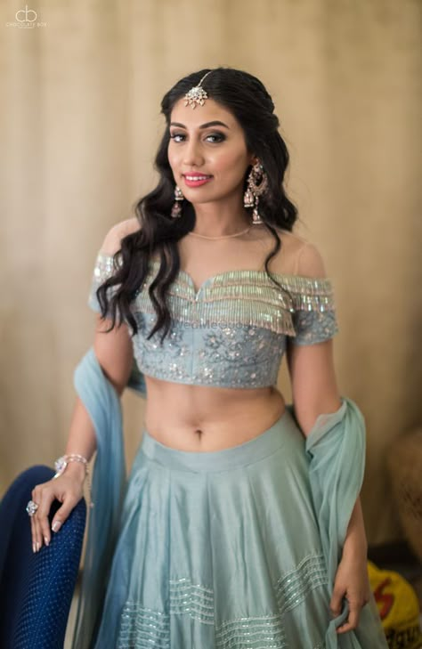 Latest Lehenga Blouse Designs, Off Shoulder Lehenga, Grey Lehenga, Sangeet Night, Fashionable Saree, Lehenga Jewellery, Lehenga Blouse Designs, Blue Lehenga, Choli Designs