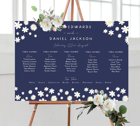 Table Numbers Blue, Blue Wedding Table Numbers, Dusky Blue Wedding, Wedding Table Planner, Blue Wedding Table, Daisies Wedding, Blue Reception, Personalized Wedding Menu, Table Planner