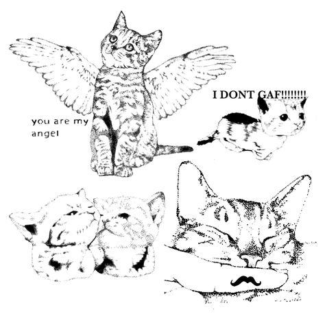 cat pointillism tattoo flash :3 Detailed Cat Tattoo, Cat Cloud Tattoo, Celestial Cat Tattoo, Cat With Angel Wings Tattoo, Meow Tattoo, Pointillism Tattoo, Kitten Tattoo, Cat And Cloud, Clown Tattoo