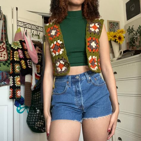 crochet vest i made depop: iridescentsav Crochet Vest Outfit, Vest Patterns, Crochet Sweater Vest, Crochet Sweater Dress, Hippie Crochet, Vest Outfit, Crochet Vest, Diy Crochet Projects, Unique Crochet