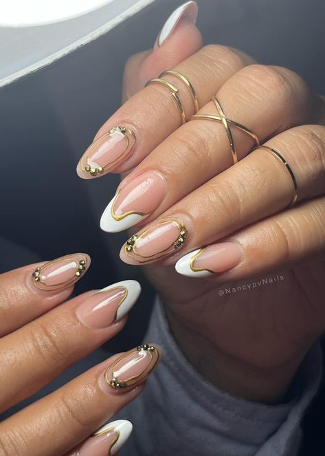 Almond 🤍✨ White And Gold Almond Nails, Gold Acrylic Nails, Acrylic Nail Designs, Almond Nails, White Nails, Gold Accents, Acrylic Nails, Almond, Nail Designs