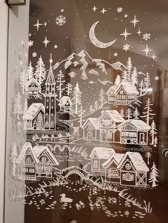 Christmas Window Designs Chalk, Window Paint Snowflakes, Glass Chalk Window Christmas, How To Draw On Windows For Christmas, Christmas Glass Painting Ideas Window, Winter Painting On Window, Window Christmas Drawing Ideas, Window Chalk Ideas, White Window Painting Christmas